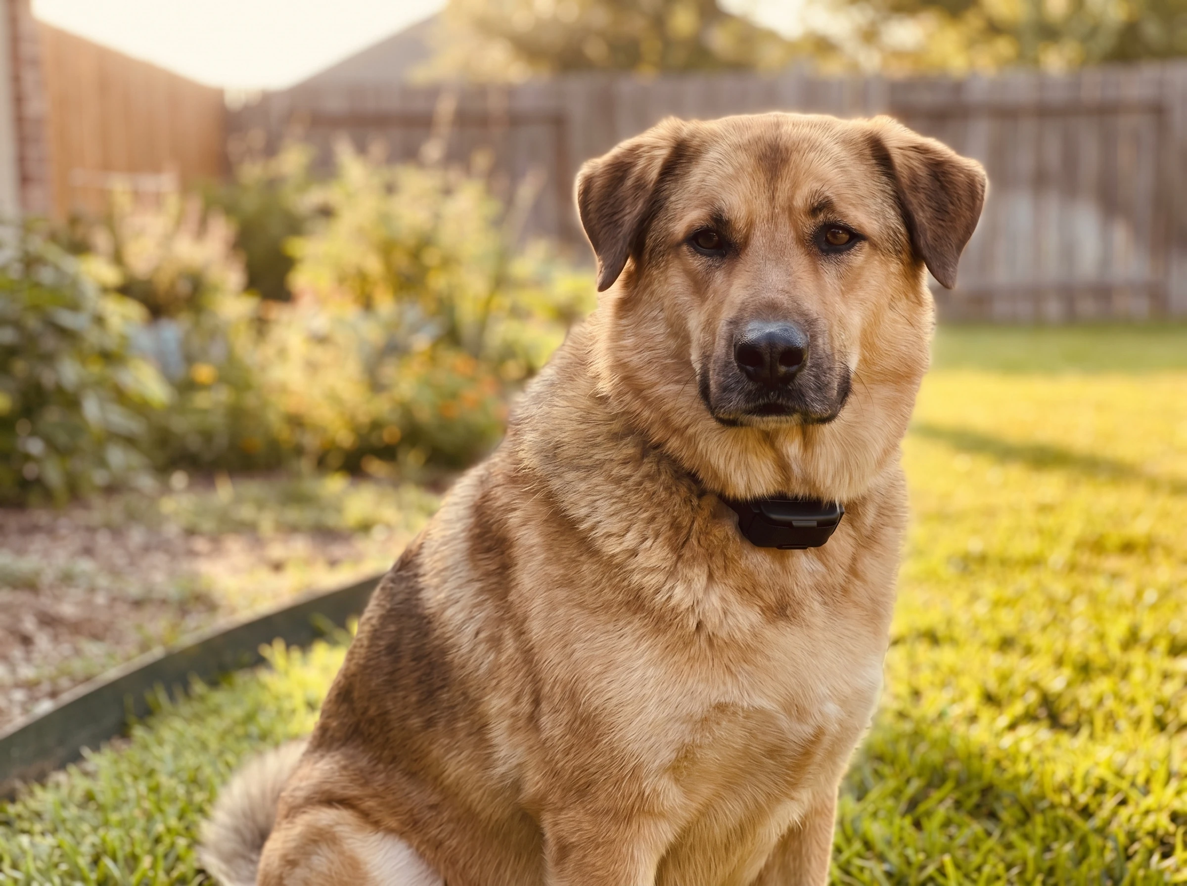 A relaxed dog wearing a small receiver collar at the edge of a green lawn