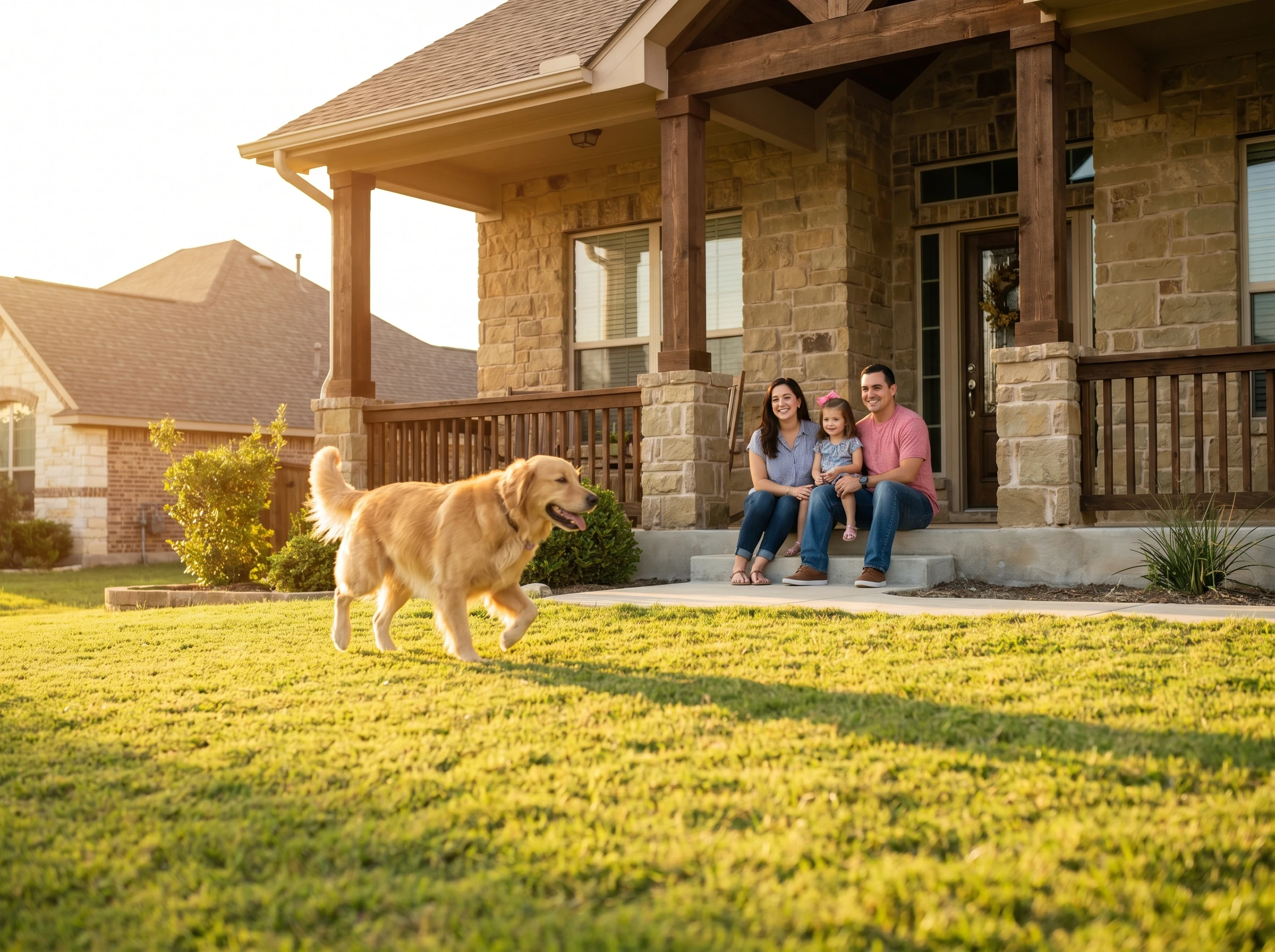 A Texas family on their porch watching their dog play on an open lawn