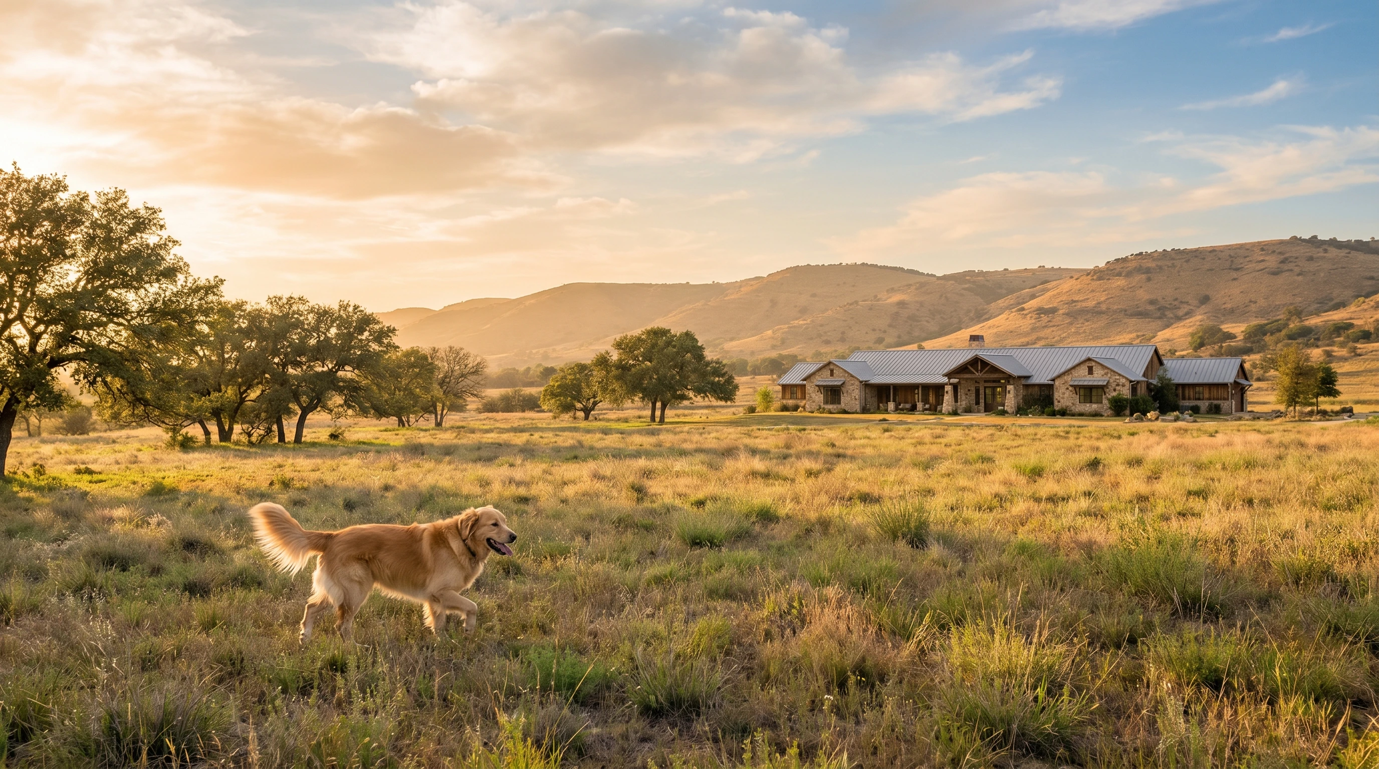 A dog roaming a wide open Hill Country property dotted with oak trees