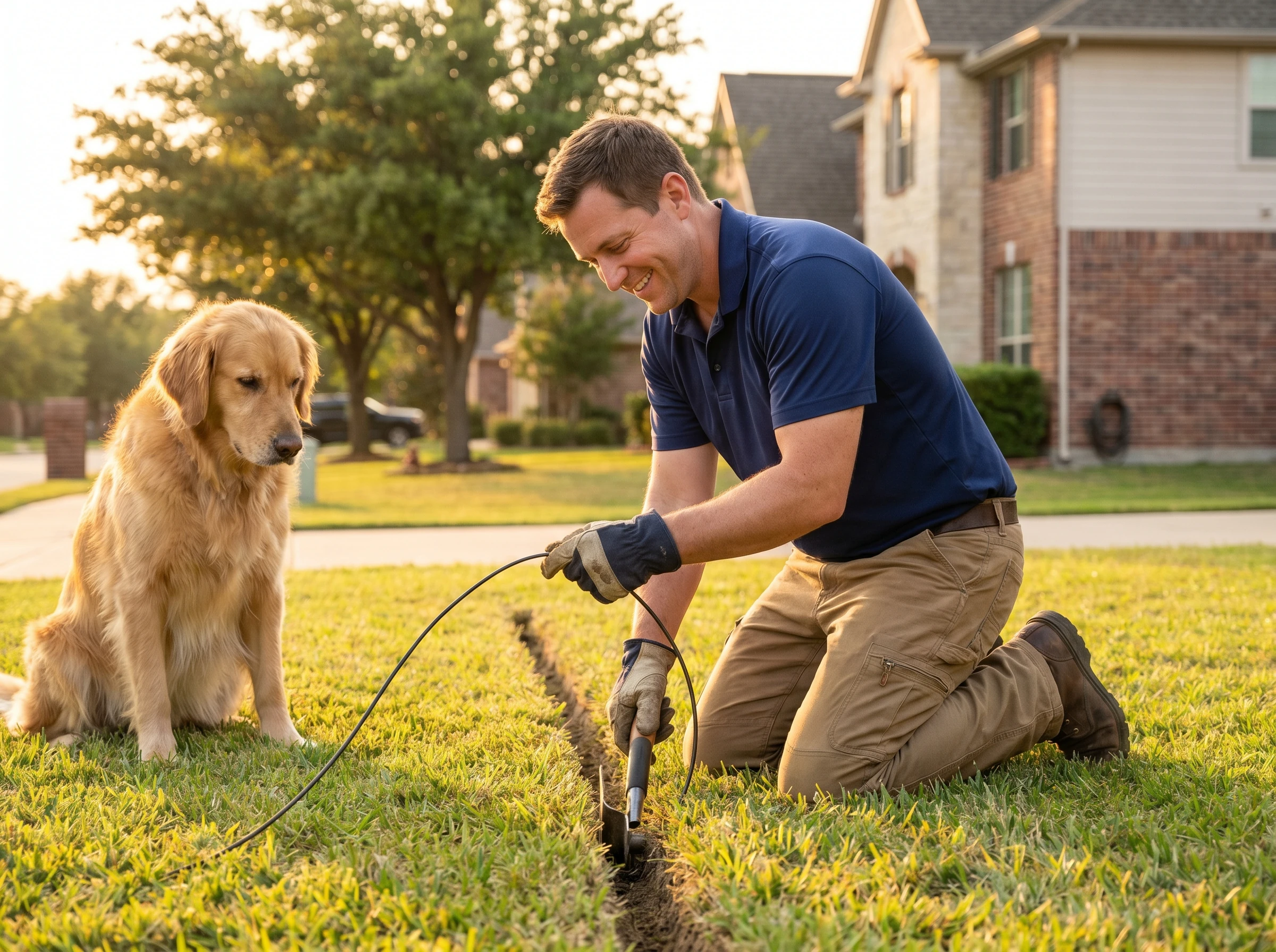 A Texas Fenceless installer neatly burying the boundary wire while a calm dog watches