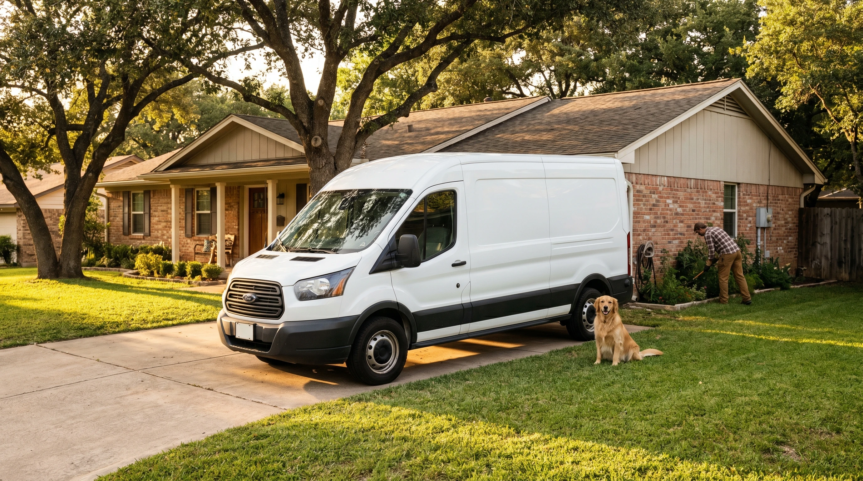 A clean Texas Fenceless service van parked in a suburban driveway